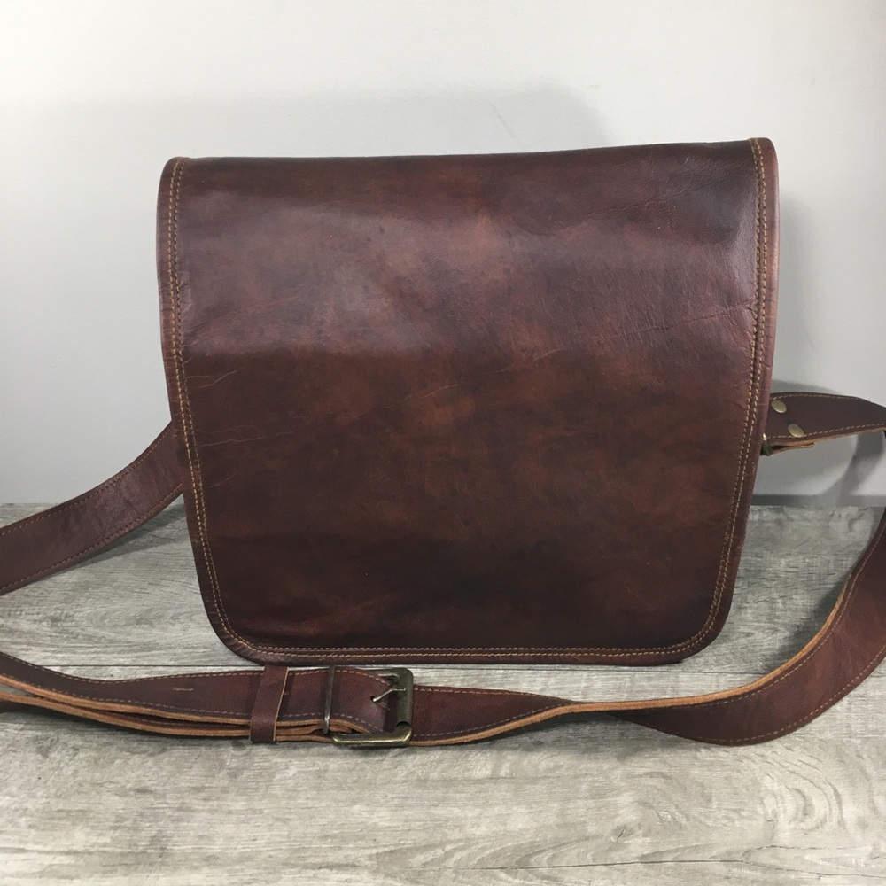 Vtg Waxed Leather School Messenger Briefcase Shoulder Bag Computer Laptop iPad